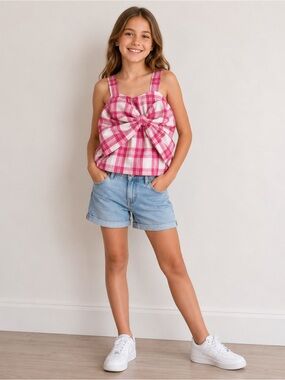 Habitual • NWT Girls Pink Plaid Bow-Front Tank Top